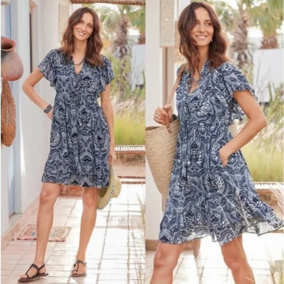 Sundance Skye Dress Womens XL Blue Boho Print Flutter Sleeve Smocked Pockets - Picture 1 of 13